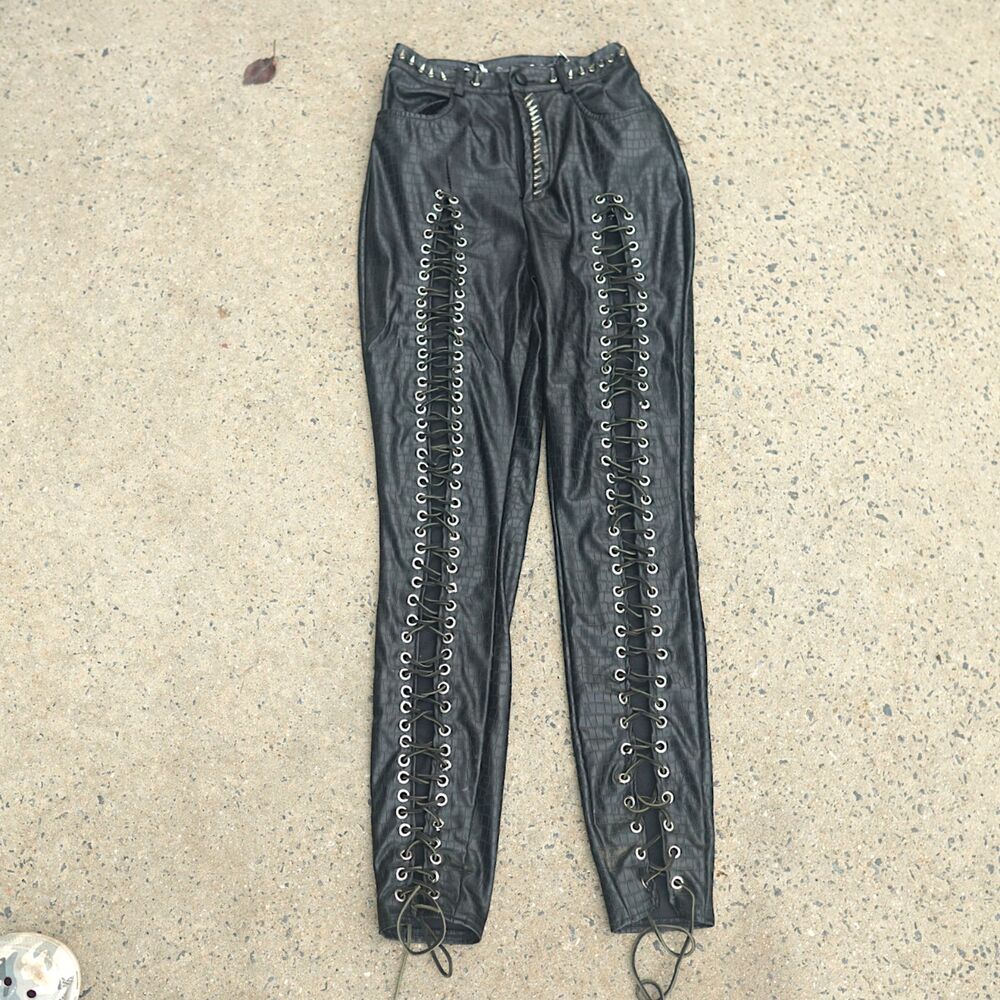 Upcycled Misguided Croc Faux Leather Spiked Lace Up Pants Chain US 2 UK 6 EU 34